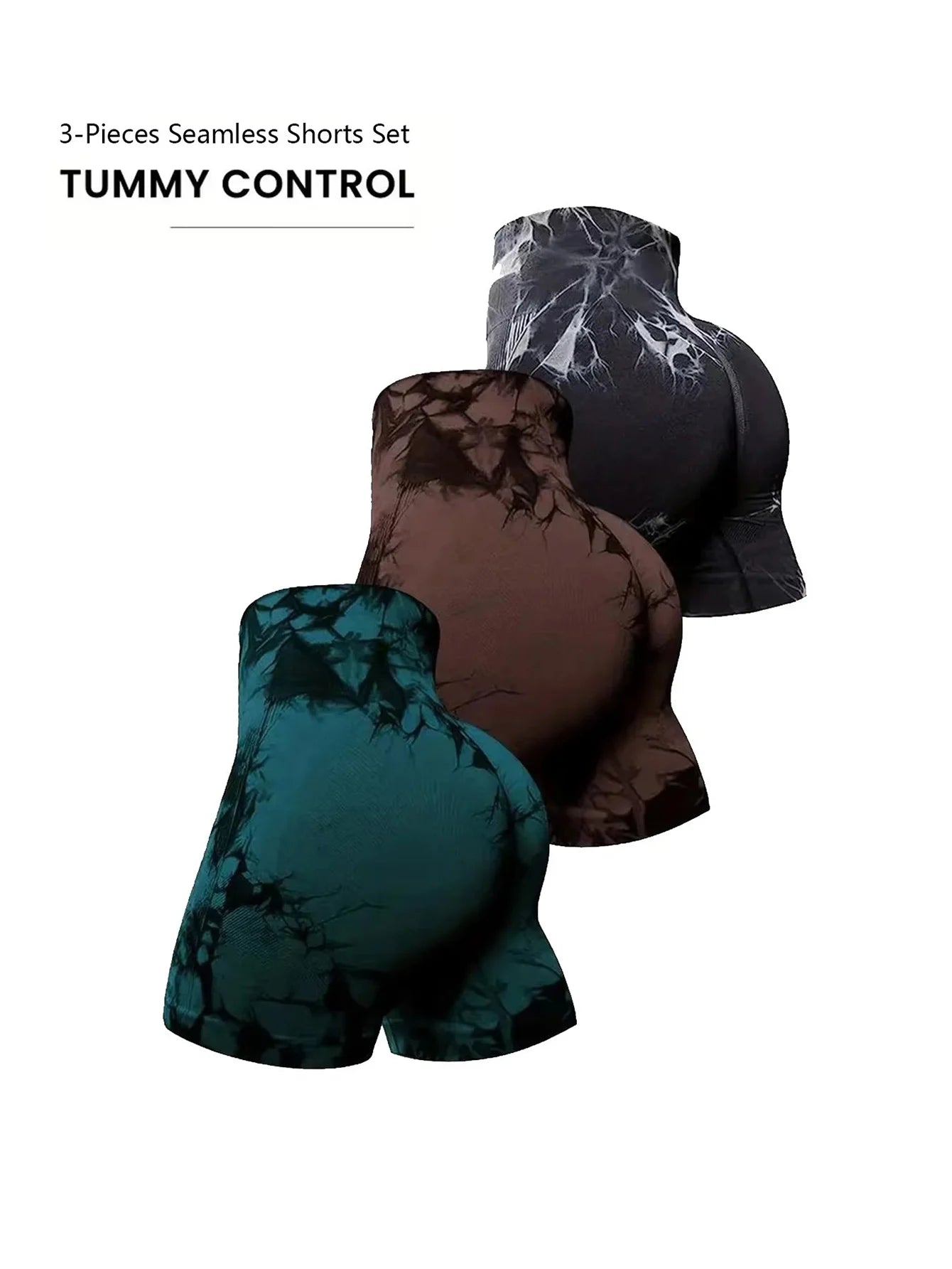 Women's 3-Piece Workout Shorts, Tie-Dye, Crinkled, Butt Lifting, High Waist, Yoga, Gym, Seamless Booty, Biker, Activewear